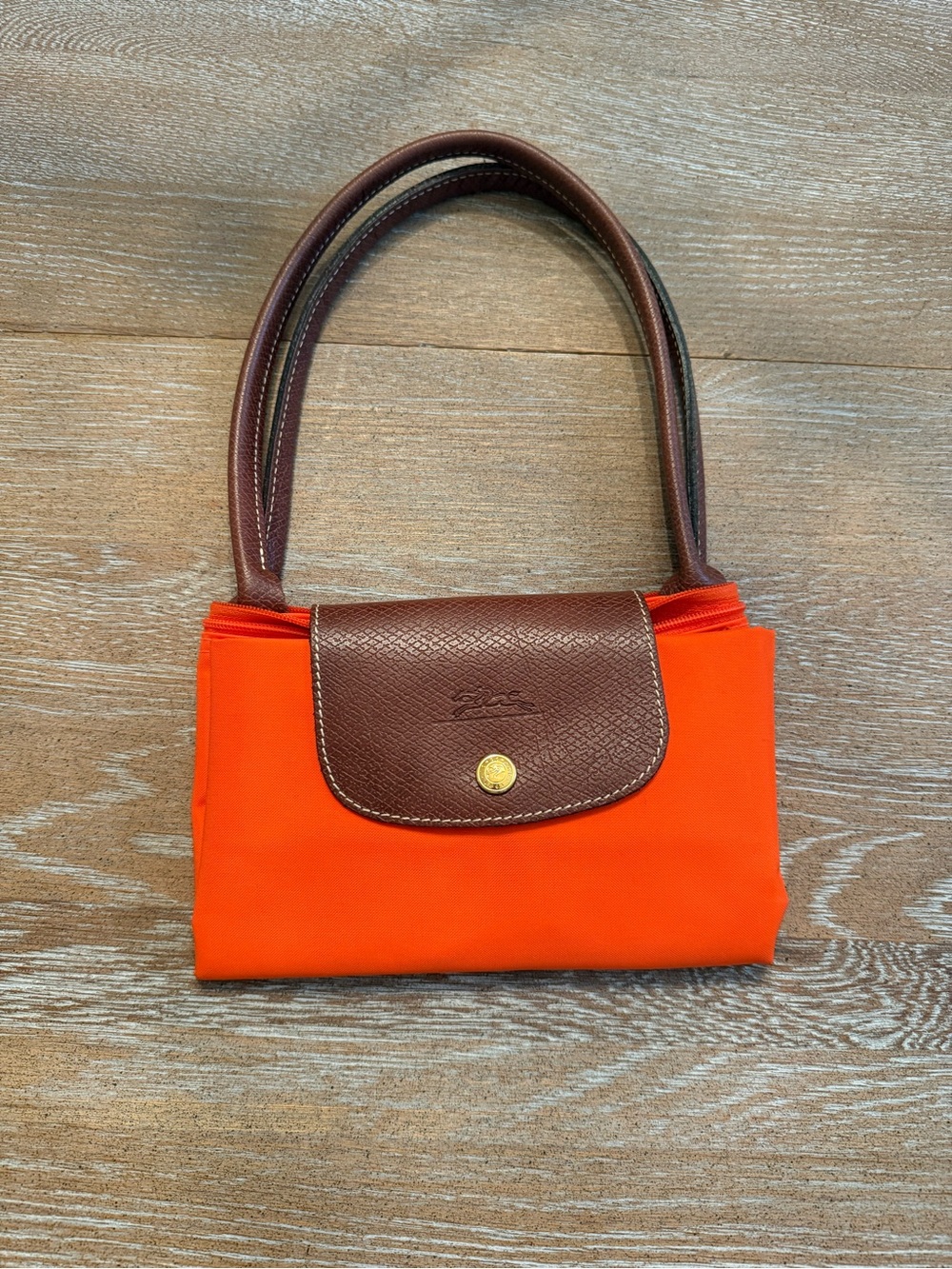 Longchamp Le Pliage Orange Nylon Brown Leather Tote Handbag 14x10x5 - Picture 1 of 10